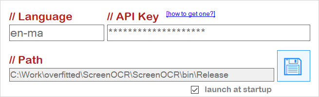 **Configuration Window:** ScreenOCR's configs for the **English** language with a **Modern Antiqua** font (`en-ma`) and a hidden **API Key** for authentication