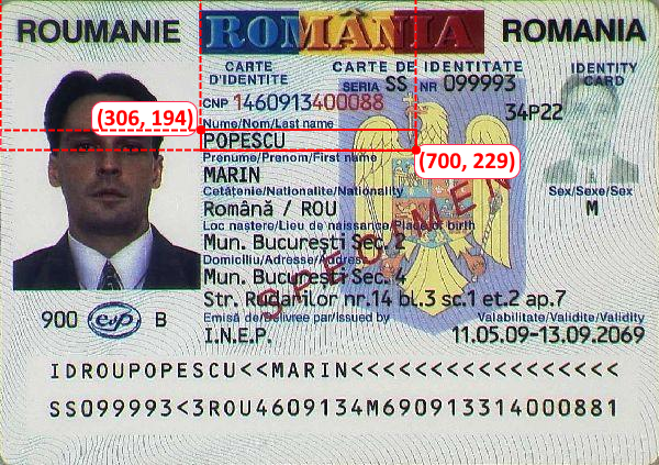 In this template image we say that the **Last Name** can be found in the rectangle `(306, 194, 700, 229)`; note that the **ROI** must be large enough to cover possibly longer texts
